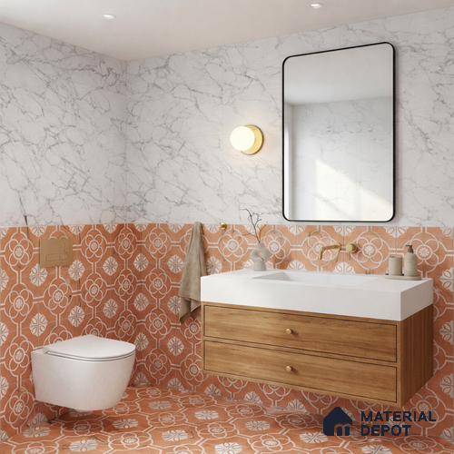 Moroccan Wall & Floor Tile TL 11123 Terracotta Bloom 1 ft x 1 ft Ceramic Matte Finish Tile - 10 mm | Suitable For Bathroom, Balcony & Kitchen Backsplash