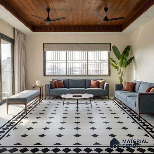Moroccan Wall & Floor Carpet Border Tile TL 11156 Monochrome Deco 1 ft x 1 ft Ceramic Matte Finish Tile - 10 mm | Suitable For Living Room, Kitchen, Dining Area