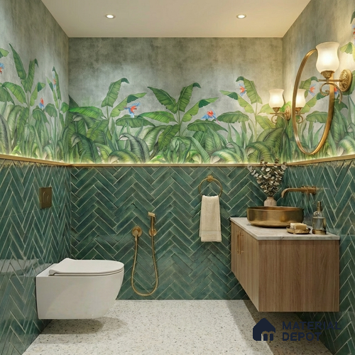 Faux Subway Wall Tile TL 11683 F Forest Herringbone 2 ft x 1 ft Ceramic Glossy Finish Tile - 9 mm | Suitable For Bathroom, Balcony & Kitchen Backsplash