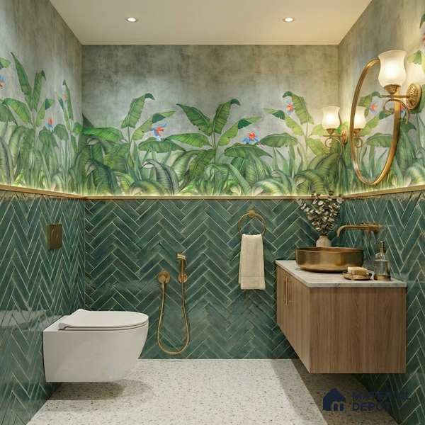 Faux Subway Wall Tile TL 11683 F Forest Herringbone 2 ft x 1 ft Ceramic Glossy Finish Tile - 9 mm | Suitable For Bathroom, Balcony & Kitchen Backsplash