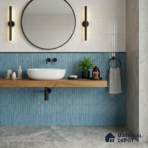 Faux Kitkat Subway Wall Tile TL 11684 C Azure Stria 2 ft x 1 ft Ceramic Glossy Finish Tile - 9 mm | Suitable For Bathroom, Balcony & Kitchen Backsplash