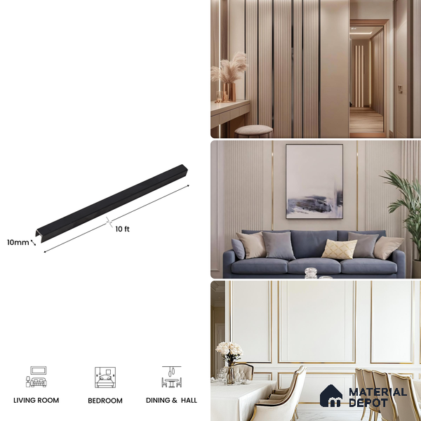 SS 304 U Inlay Profile Polish Black Glossy Finish Edgeline PM 00292 C | 10 ft (3 mtr) x 10 mm x 0.6 mm | Adhesive Type Installation | Suitable for Floor & Walls