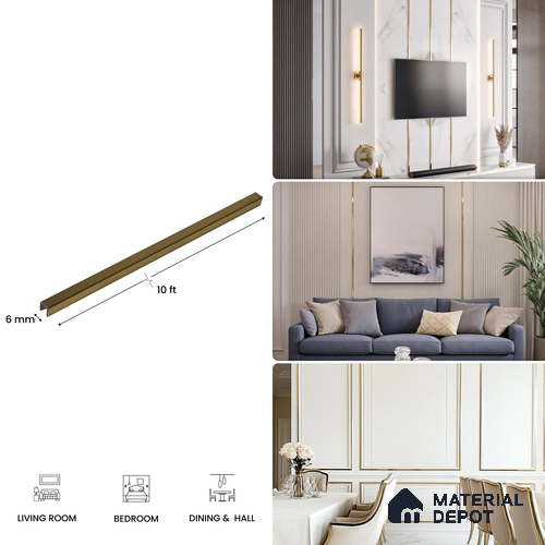 SS 304 U Inlay Profile Polished Gold Glossy Finish Edgeline PM 00292 I | 10 ft (3 mtr) x 6 mm x 0.6 mm | Adhesive Type Installation | Suitable for Floor & Walls