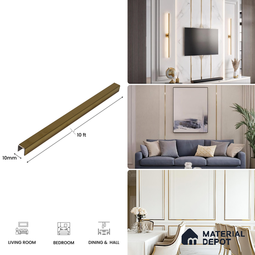 SS 304 U Inlay Profile Polished Gold Glossy Finish Edgeline PM 00292 J | 10 ft (3 mtr) x 10 mm x 0.6 mm | Adhesive Type Installation | Suitable for Floor & Walls