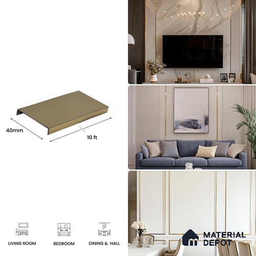 SS 304 U Inlay Profile Polished Gold Glossy Finish Edgeline PM 00292 M | 10 ft (3 mtr) x 40 mm x 0.6 mm | Adhesive Type Installation | Suitable for Floor & Walls