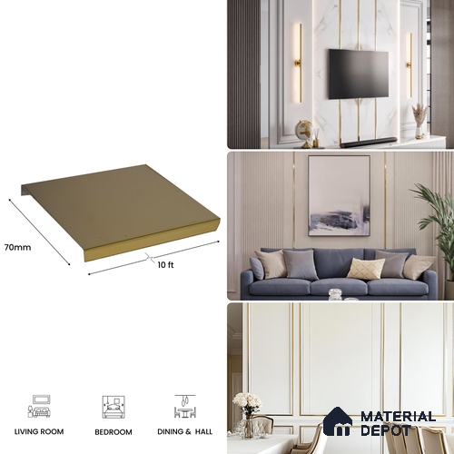 SS 304 U Inlay Profile Polished Gold Glossy Finish Edgeline PM 00292 N | 10 ft (3 mtr) x 70 mm x 0.6 mm | Adhesive Type Installation | Suitable for Floor & Walls