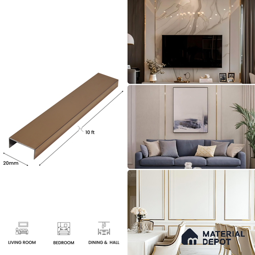 SS 304 U Inlay Profile Rose Gold Glossy Finish Edgeline PM 00292 T | 10 ft (3 mtr) x 20 mm x 0.6 mm | Adhesive Type Installation | Suitable for Floor & Walls