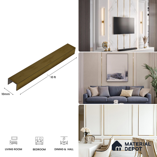 SS 304 U Inlay Profile Brush Gold Matte Finish Edgeline PM 00292 Z | 10 ft (3 mtr) x 10 mm x 0.6 mm | Adhesive Type Installation | Suitable for Floor & Walls