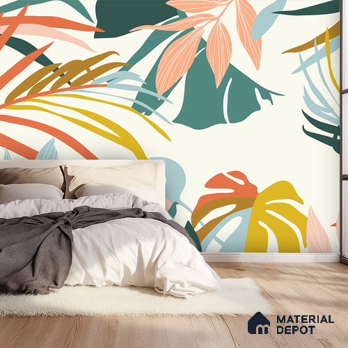 Multi Colour Modern Tropical Foliage Abstract Serenity Art | WP 03919 Non Woven Matte Finish Tropical Style Premium Customized size Wallpaper | 150 GSM WP01MTF Paper | (MOQ = 30 Sq. Ft.)