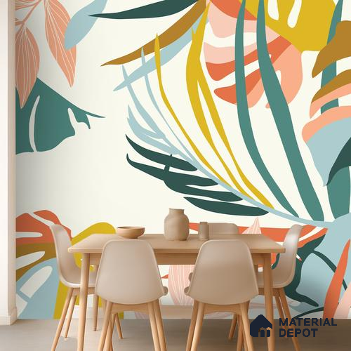 Multi Colour Modern Tropical Foliage Abstract Serenity Art | WP 03919 B Canvas Texture Finish Tropical Style luxurious Customized size Wallpaper | 250 GSM WP01CNF Paper | (MOQ = 30 Sq. Ft.)