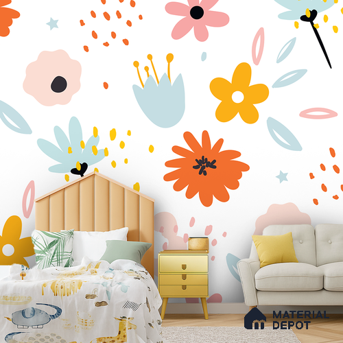 Flowers That Like to Dance Colorful Illustration | WP 04055 Canvas Texture Finish Florals Style luxurious Customized size Wallpaper | 250 GSM WP01CNF Paper | (MOQ = 30 Sq. Ft.)