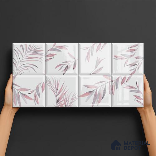 Floral Wall Tile TL 06559 L Limon Pink Leaf HL 2 ft x 1 ft Ceramic Glossy Finish - 8 mm | Suitable for Living Room, Kitchen & Bathroom | Please Expect a Slight Variation of Pattern