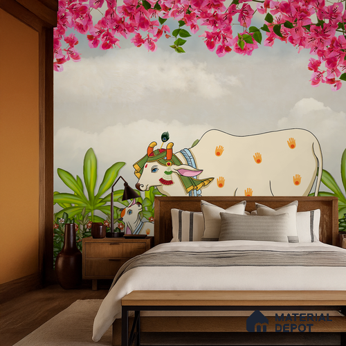 Divine Bond Kamdhenu Hand Painted Floral Scroll | WP 04183 B Canvas Texture Finish Animal Print,Pichwai Style luxurious Customized size Wallpaper | 250 GSM WP01CNF Paper | (MOQ = 30 Sq. Ft.) | Design change not possible
