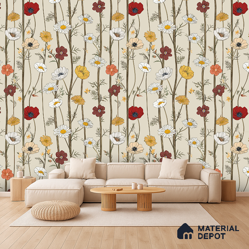 Beige Vertical Wildflower Handcrafted Florals Artistic | WP 03928 Non Woven Matte Finish Florals Style Premium Customized size Wallpaper | 150 GSM WP01MTF Paper | (MOQ = 30 Sq. Ft.)