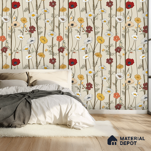 Beige Vertical Wildflower Handcrafted Florals Artistic | WP 03928 B Canvas Texture Finish Florals Style luxurious Customized size Wallpaper | 250 GSM WP01CNF Paper | (MOQ = 30 Sq. Ft.)