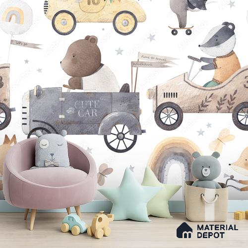 Small Friends on Big Adventures Mice Riding A Toy Vehicle | WP 04046 Canvas Texture Finish Animal Print Style luxurious Customized size Wallpaper | 250 GSM WP01CNF Paper | (MOQ = 30 Sq. Ft.) | Design change not possible