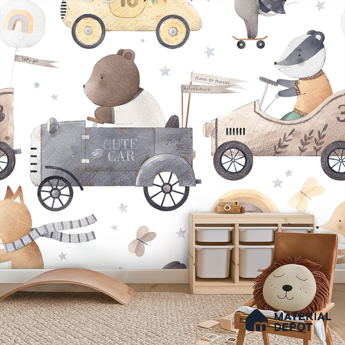 Small Friends on Big Adventures Mice Riding A Toy Vehicle | WP 04046 B Non Woven Matte Finish Animal Print Style Premium Customized size Wallpaper | 150 GSM WP01MTF Paper | (MOQ = 30 Sq. Ft.) | Design change not possible