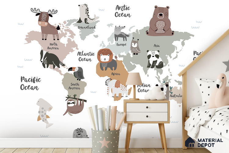 Animal Friends of Every Land Pastel | WP 04073 Canvas Texture Finish Map Style luxurious Customized size Wallpaper | 250 GSM WP01CNF Paper | (MOQ = 30 Sq. Ft.)