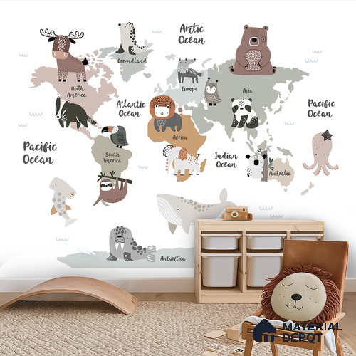 Animal Friends of Every Land Pastel | WP 04073 B Non Woven Matte Finish Map Style Premium Customized size Wallpaper | 150 GSM WP01MTF Paper | (MOQ = 30 Sq. Ft.)