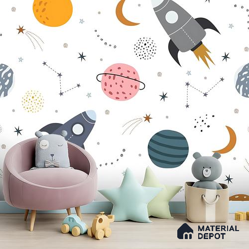 Dreaming Among Planets Rocket Journey To Space | WP 04082 Canvas Texture Finish Space Style luxurious Customized size Wallpaper | 250 GSM WP01CNF Paper | (MOQ = 30 Sq. Ft.)
