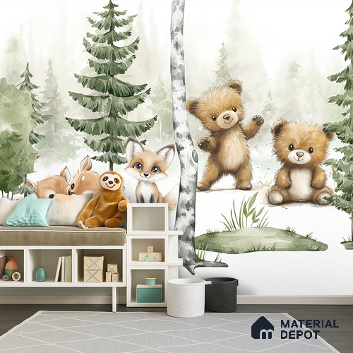 Gentle Side of the Woods Teddy And Deer In Snowy Landscape | WP 04045 B Non Woven Matte Finish Animal Print Style Premium Customized size Wallpaper | 150 GSM WP01MTF Paper | (MOQ = 30 Sq. Ft.) | Design change not possible