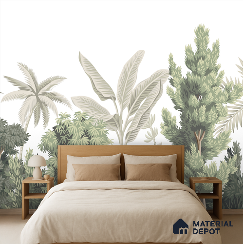 Misty Tropical Silhouettes Nature Art | WP 03993 Non Woven Matte Finish Tropical Style Premium Customized size Wallpaper | 150 GSM WP01MTF Paper | (MOQ = 30 Sq. Ft.)