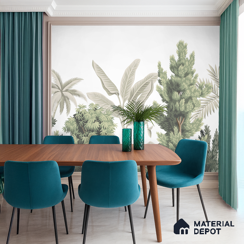 Misty Tropical Silhouettes Nature Art | WP 03993 B Canvas Texture Finish Tropical Style luxurious Customized size Wallpaper | 250 GSM WP01CNF Paper | (MOQ = 30 Sq. Ft.)