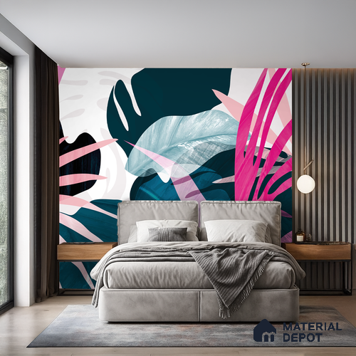 Pink Teal Modern Botanical Leaf Abstract Nature Art | WP 03921 Non Woven Matte Finish Tropical Style Premium Customized size Wallpaper | 150 GSM WP01MTF Paper | (MOQ = 30 Sq. Ft.)