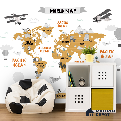 My First World Map World Map With Animals And Planes | WP 04075 B Non Woven Matte Finish Map Style Premium Customized size Wallpaper | 150 GSM WP01MTF Paper | (MOQ = 30 Sq. Ft.)