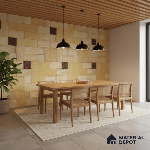 WL 00180 Teak Jewel Cladding Natural Stone Wall Cladding | Set Contains Mixed Sizes of 300x300, 300x150, 150x150 mm | Coverage Area 8 Sq. Ft. | Stone is a Natural Product, Please Expect Variation in Shades