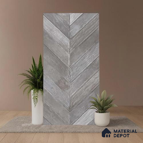 Grey Wood Floor & Wall Tile TL 10309 B  Chevron Wave Ash 4 ft x 2 ft Vitrified Carving Matte Finish - 9 mm