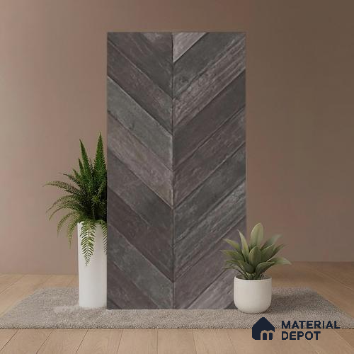 Brown Wood Floor & Wall Tile TL 10309 C  Chevron Wave Coal 4 ft x 2 ft Vitrified Carving Matte Finish - 9 mm