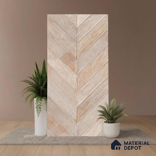 Cream Wood Floor & Wall Tile TL 10309 D  Chevron Wave Sand 4 ft x 2 ft Vitrified Carving Matte Finish - 9 mm
