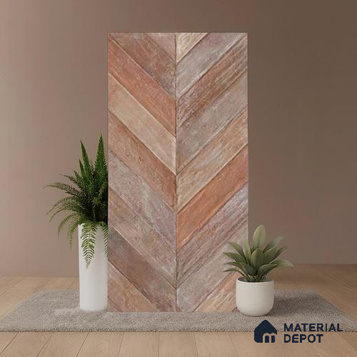 Brown Wood Floor & Wall Tile TL 10309 E  Chevron Wave Cinnamon 4 ft x 2 ft Vitrified Carving Matte Finish - 9 mm
