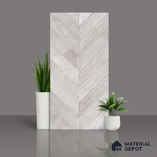 Silver Wood Floor & Wall Tile TL 10309  Chevron Wave Silver 4 ft x 2 ft Vitrified Carving Matte Finish - 9 mm