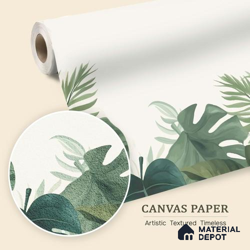 Olive Green Palm and Monstera Abstract Nature Art | WP 03925 B Canvas Texture Finish Tropical Style luxurious Customized size Wallpaper | 250 GSM WP01CNF Paper | (MOQ = 30 Sq. Ft.)