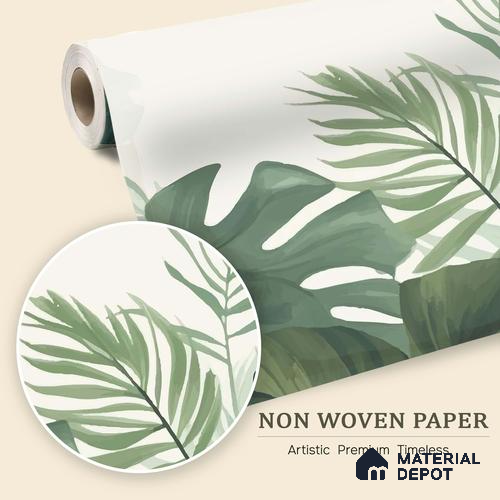 Olive Green Palm and Monstera Abstract Nature Art | WP 03925 Non Woven Matte Finish Tropical Style Premium Customized size Wallpaper | 150 GSM WP01MTF Paper | (MOQ = 30 Sq. Ft.)
