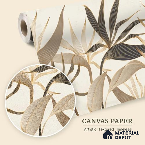 Cream Abstract Tropical with Gold Accents Leafy Hues Botanical Wall Art | WP 03931 B Canvas Texture Finish Tropical Style luxurious Customized size Wallpaper | 250 GSM WP01CNF Paper | (MOQ = 30 Sq. Ft.)