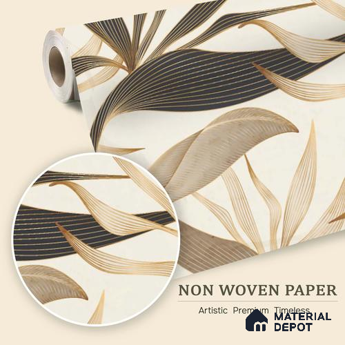 Cream Abstract Tropical with Gold Accents Leafy Hues Botanical Wall Art | WP 03931 Non Woven Matte Finish Tropical Style Premium Customized size Wallpaper | 150 GSM WP01MTF Paper | (MOQ = 30 Sq. Ft.)