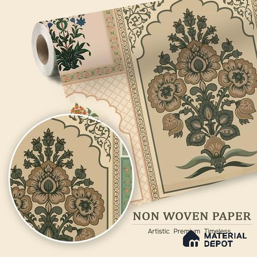 Blossoms and vines weave heritage into wallpapered walls of regal serenity | WP 05236 B Non Woven | 150 GSM WP01MTF Paper | (MOQ = 30 Sq. Ft.)