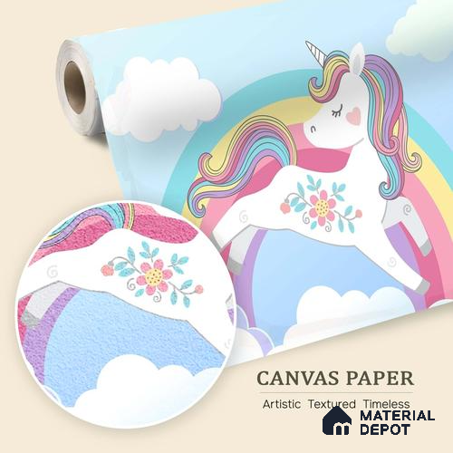 Rainbow Unicorn Wallpaper Jumping Through Soft Clouds and Magical Skies | WP 05239 Canvas | 250 GSM WP01CNF Paper | (MOQ = 30 Sq. Ft.)