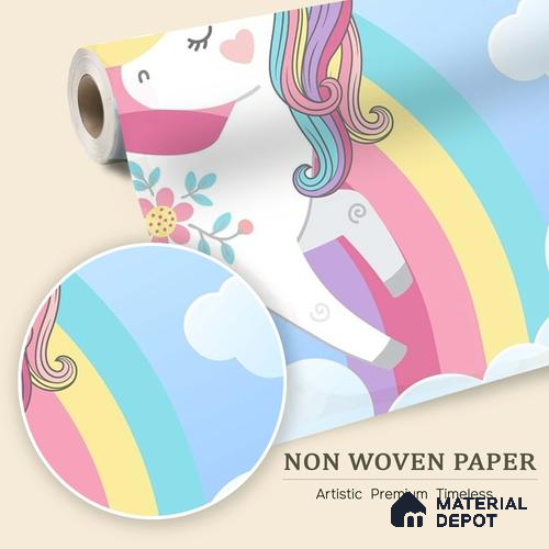 Rainbow Unicorn Wallpaper Jumping Through Soft Clouds and Magical Skies | WP 05239 B Non Woven | 150 GSM WP01MTF Paper | (MOQ = 30 Sq. Ft.)