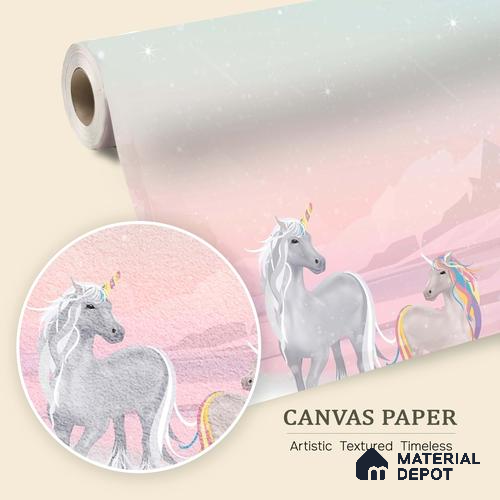 Winter Holiday Scene Wallpaper with a Magical Unicorn in Falling Snow | WP 05243 Canvas | 250 GSM WP01CNF Paper | (MOQ = 30 Sq. Ft.)