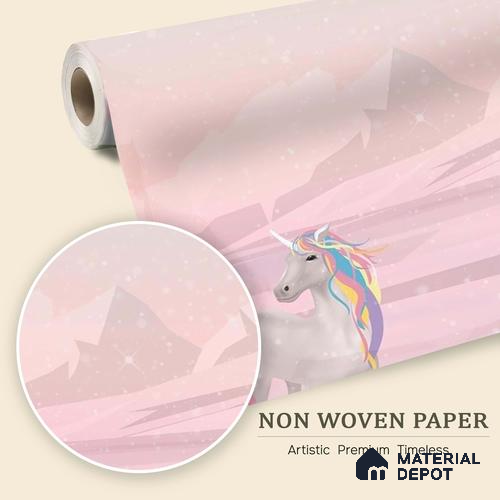 Winter Holiday Scene Wallpaper with a Magical Unicorn in Falling Snow | WP 05243 B Non Woven | 150 GSM WP01MTF Paper | (MOQ = 30 Sq. Ft.)