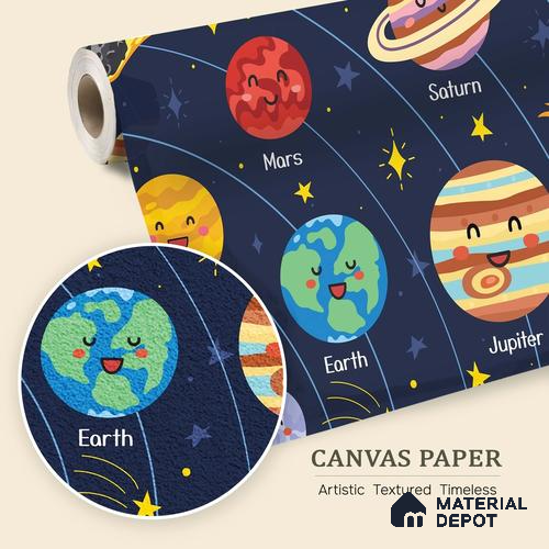 Cute Cartoon Planets and Sun Wallpaper Learning Space Print for Kids | WP 05244 Canvas | 250 GSM WP01CNF Paper | (MOQ = 30 Sq. Ft.)