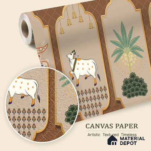 Sacred Pichwai Cow Wallpaper with Divine Balaji Motifs and Traditional Detailing | WP 05250 Canvas | 250 GSM WP01CNF Paper | (MOQ = 30 Sq. Ft.)