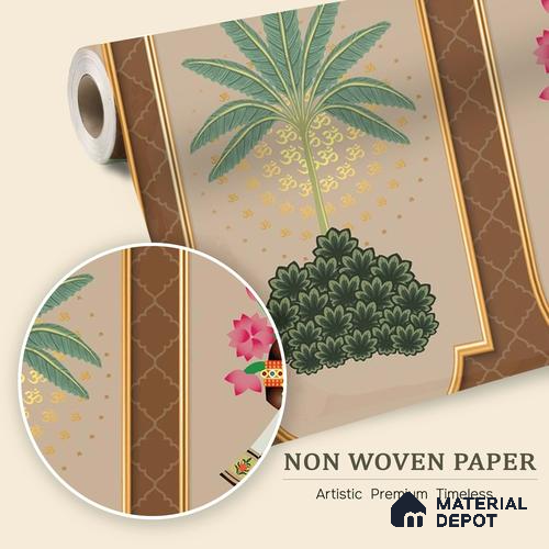 Sacred Pichwai Cow Wallpaper with Divine Balaji Motifs and Traditional Detailing | WP 05250 B Non Woven | 150 GSM WP01MTF Paper | (MOQ = 30 Sq. Ft.)