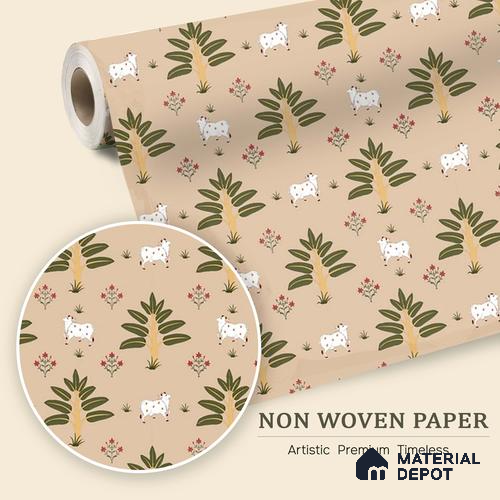 Ethnic Pichwai Cow Wallpaper Amidst Lush Banana Trees and Sacred Harmony | WP 05252 B Non Woven | 150 GSM WP01MTF Paper | (MOQ = 30 Sq. Ft.)