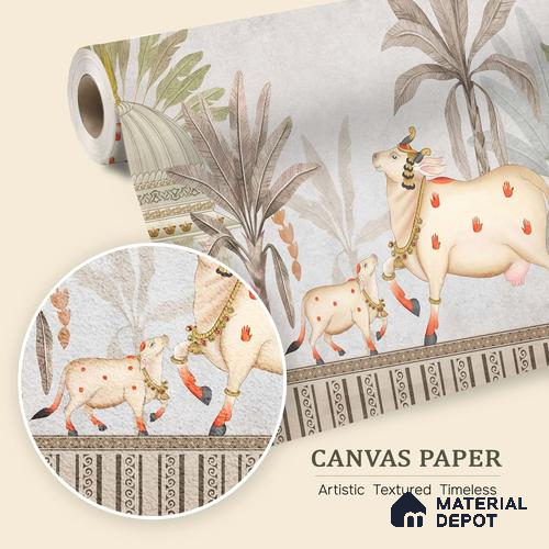 Seamless Pichwai Cow and Tree Pattern Wallpaper Celebrating Indian Heritage | WP 05253 Canvas | 250 GSM WP01CNF Paper | (MOQ = 30 Sq. Ft.)