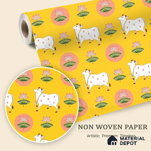 Golden Radiance Pichwai Cow and Lotus Motif Wallpaper on Vibrant Yellow Canvas | WP 05254 B Non Woven | 150 GSM WP01MTF Paper | (MOQ = 30 Sq. Ft.)